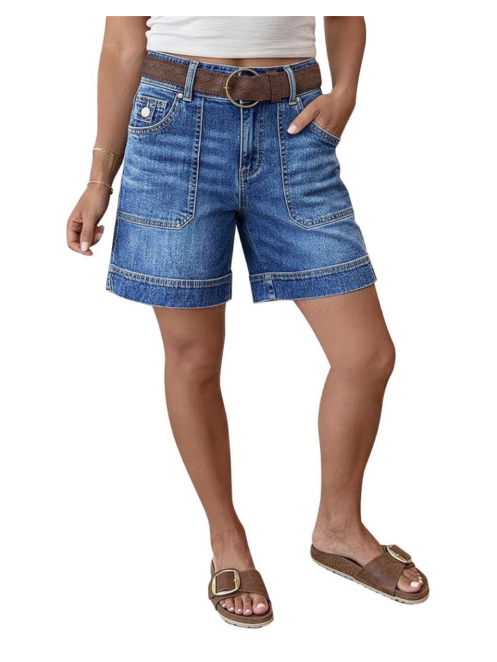 Flamingals Mid Waist Denim Bermuda Mid Thigh Length Shorts for Women M